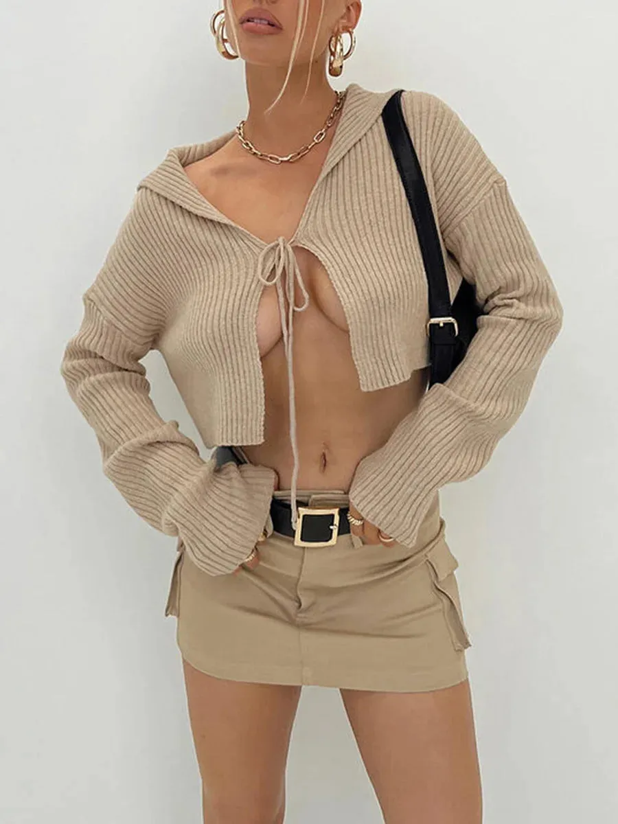 Color V Neck Long Sleeve Tie-up Spring Fall Going Out Sweater Vintage Streetwear Tank Solid Top