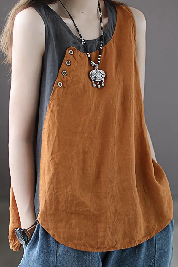 Contrast Color Cotton And Linen Vest