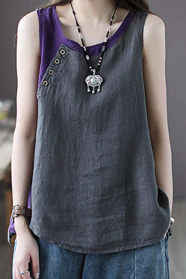 Contrast Color Cotton And Linen Vest