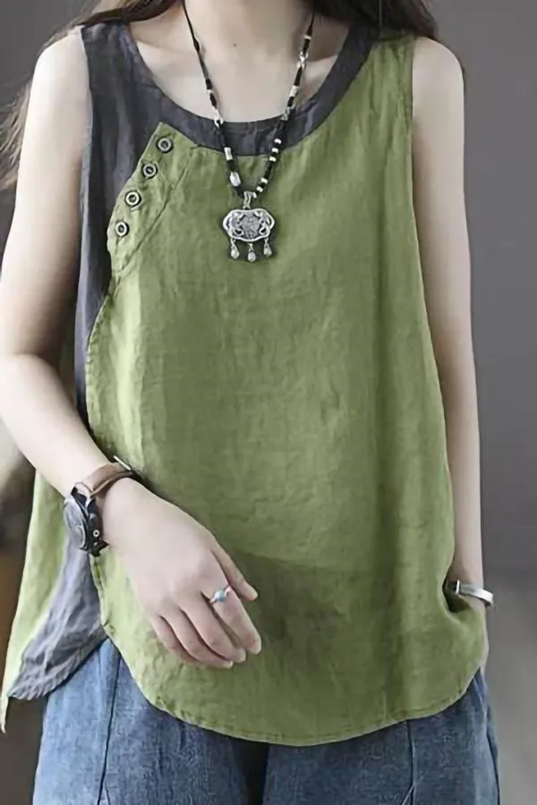 Contrast Color Cotton And Linen Vest