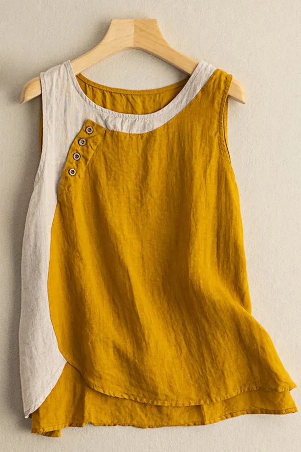 Contrast Color Cotton And Linen Vest