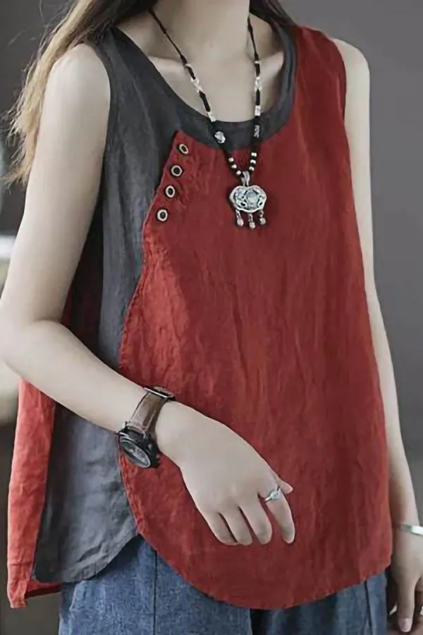 Contrast Color Cotton And Linen Vest