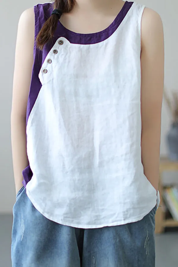 Contrast Color Cotton And Linen Vest