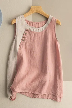 Contrast Color Cotton And Linen Vest