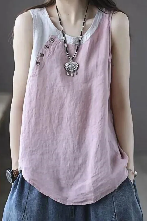 Contrast Color Cotton And Linen Vest