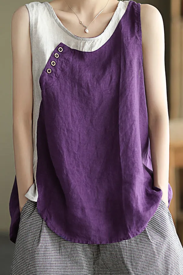 Contrast Color Cotton And Linen Vest