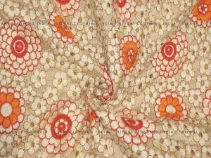 Cream Thread And Floral Embroidered Silk Fabric