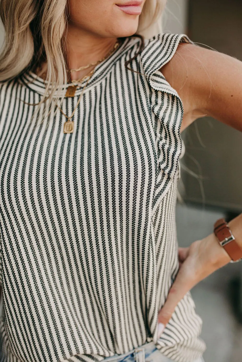 Crew Neck Ruffled Striped Tank Top