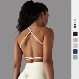Crisscross Back Sports Bra Women - Push Up Workout Athletic Yoga Brassiere, Padded Spaghetti Strap Backless Gym Crop Tank Tops