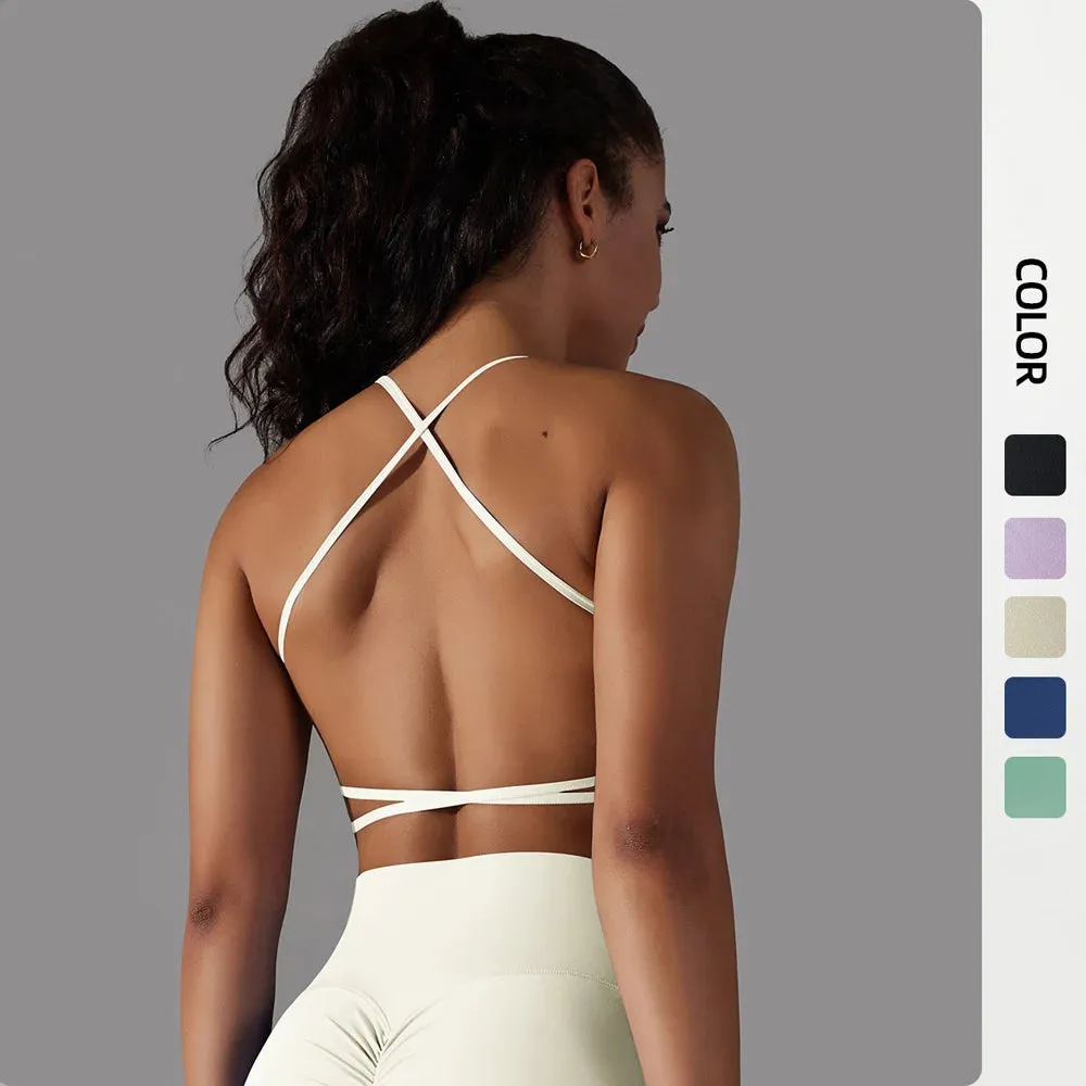 Crisscross Back Sports Bra Women - Push Up Workout Athletic Yoga Brassiere, Padded Spaghetti Strap Backless Gym Crop Tank Tops
