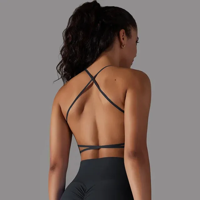Crisscross Back Sports Bra Women - Push Up Workout Athletic Yoga Brassiere, Padded Spaghetti Strap Backless Gym Crop Tank Tops