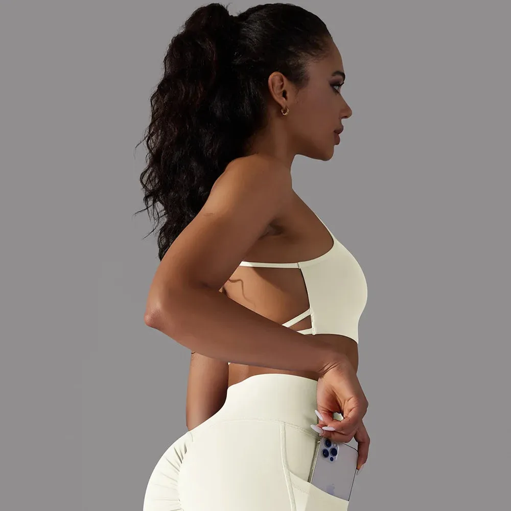 Crisscross Back Sports Bra Women - Push Up Workout Athletic Yoga Brassiere, Padded Spaghetti Strap Backless Gym Crop Tank Tops
