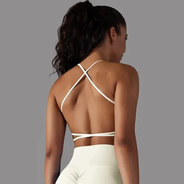Crisscross Back Sports Bra Women - Push Up Workout Athletic Yoga Brassiere, Padded Spaghetti Strap Backless Gym Crop Tank Tops