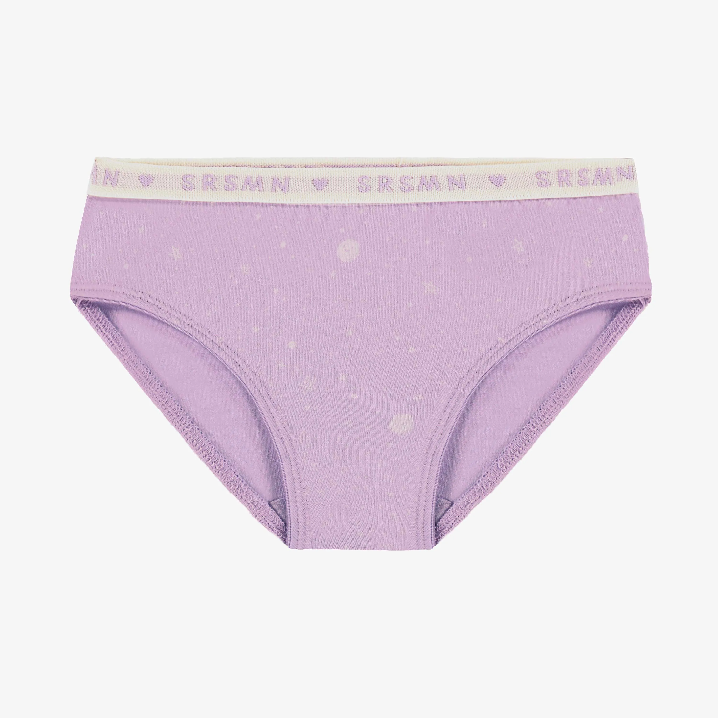 Culotte bikini lilas à motifs de planètes, enfant || Lilac bikini panties with planet all over print, child