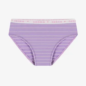 Culotte bikini mauve à rayures en jersey extensible, enfant  || Purple bikini panties with stripes in stretch jersey, child