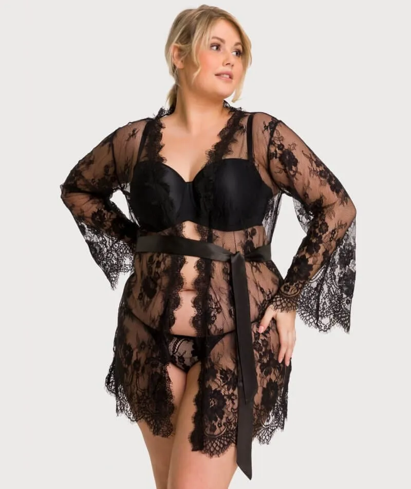 Curvy All Over Lace Long Sleeve Short Robe Sleepwear with Thong - Black