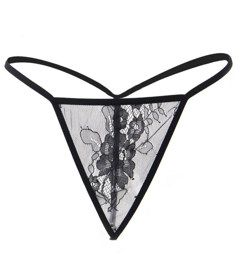 Curvy All Over Lace Long Sleeve Short Robe Sleepwear with Thong - Black