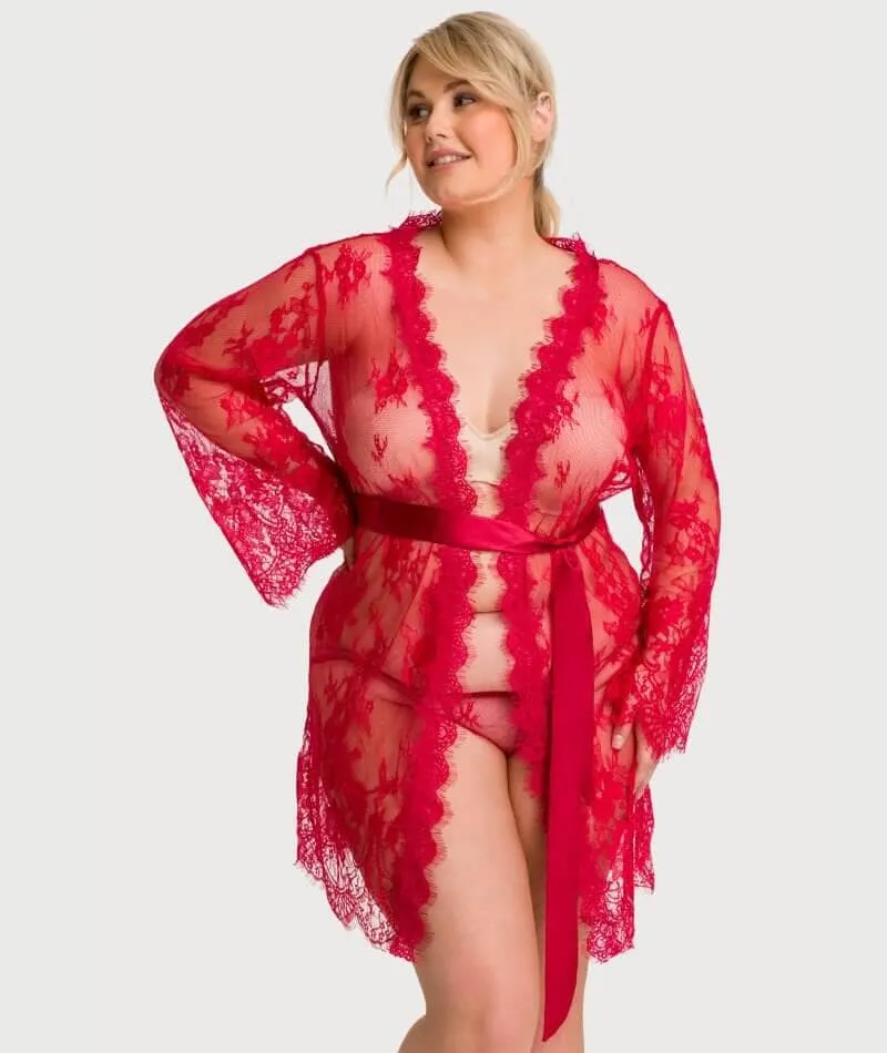 Curvy All Over Lace Long Sleeve Short Robe Sleepwear with Thong - Red