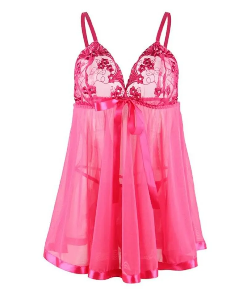 Curvy Mesh & Lace Cup Babydoll Nightdress with G-String - Pink