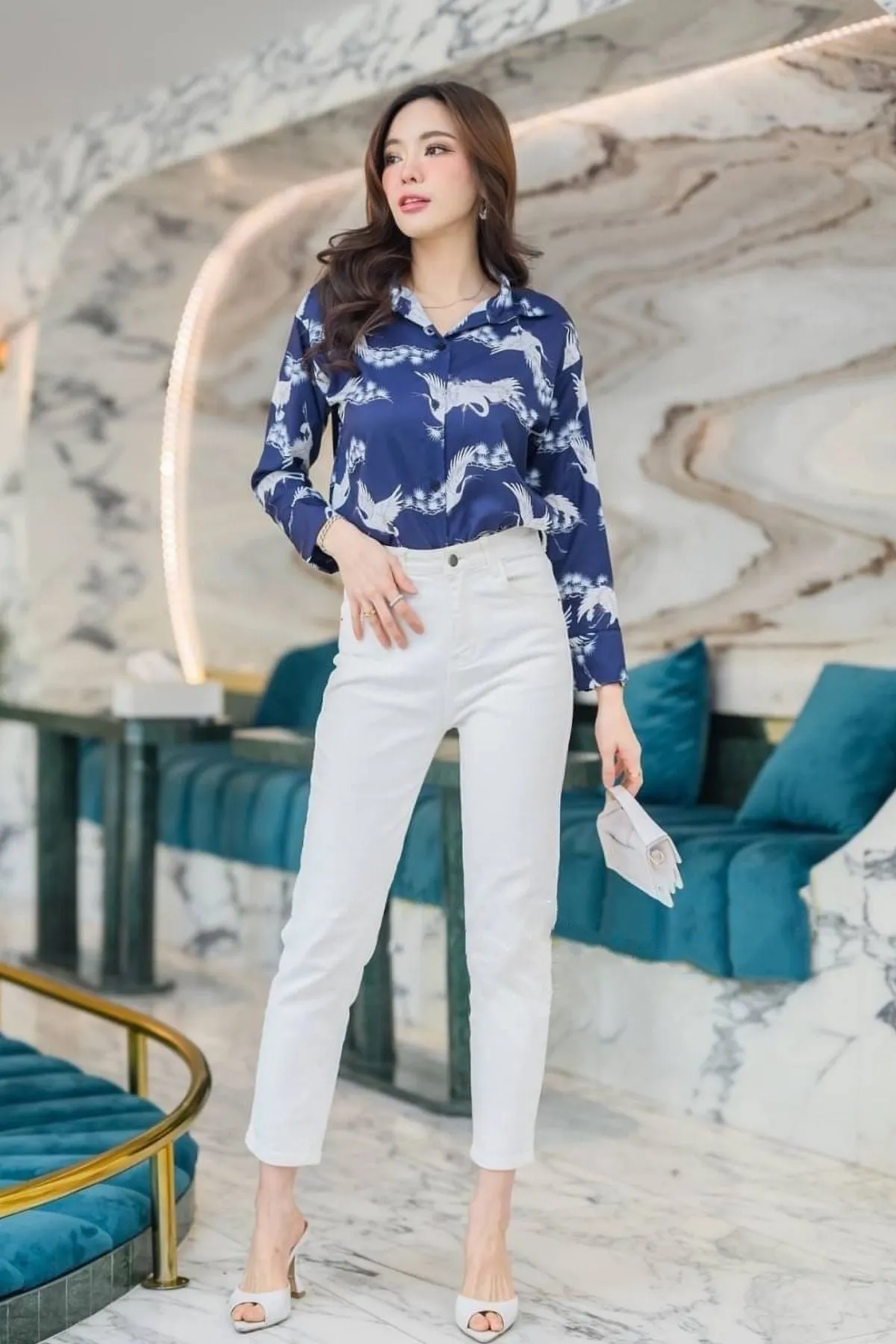 DANIELLE Bird-Print Button-down Shirt (Blue)