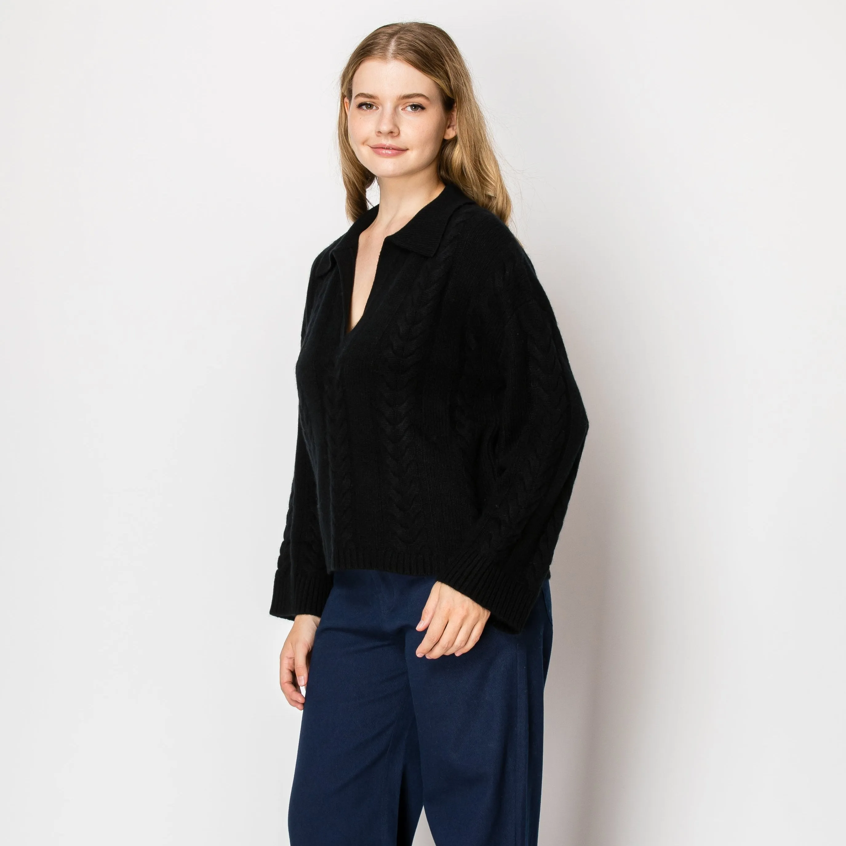 Dean Cashmere Cable Knit Polo Pullover In Black