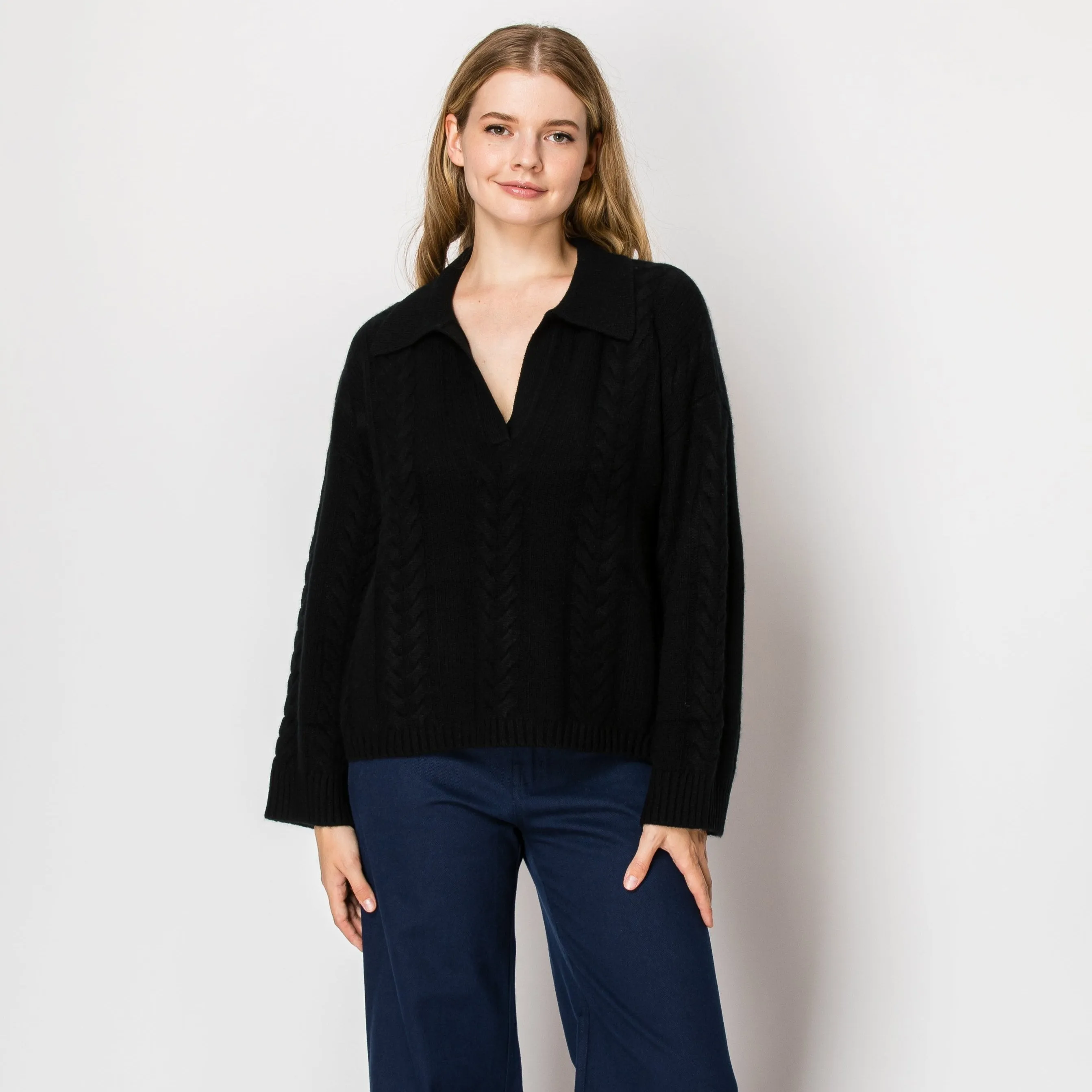 Dean Cashmere Cable Knit Polo Pullover In Black