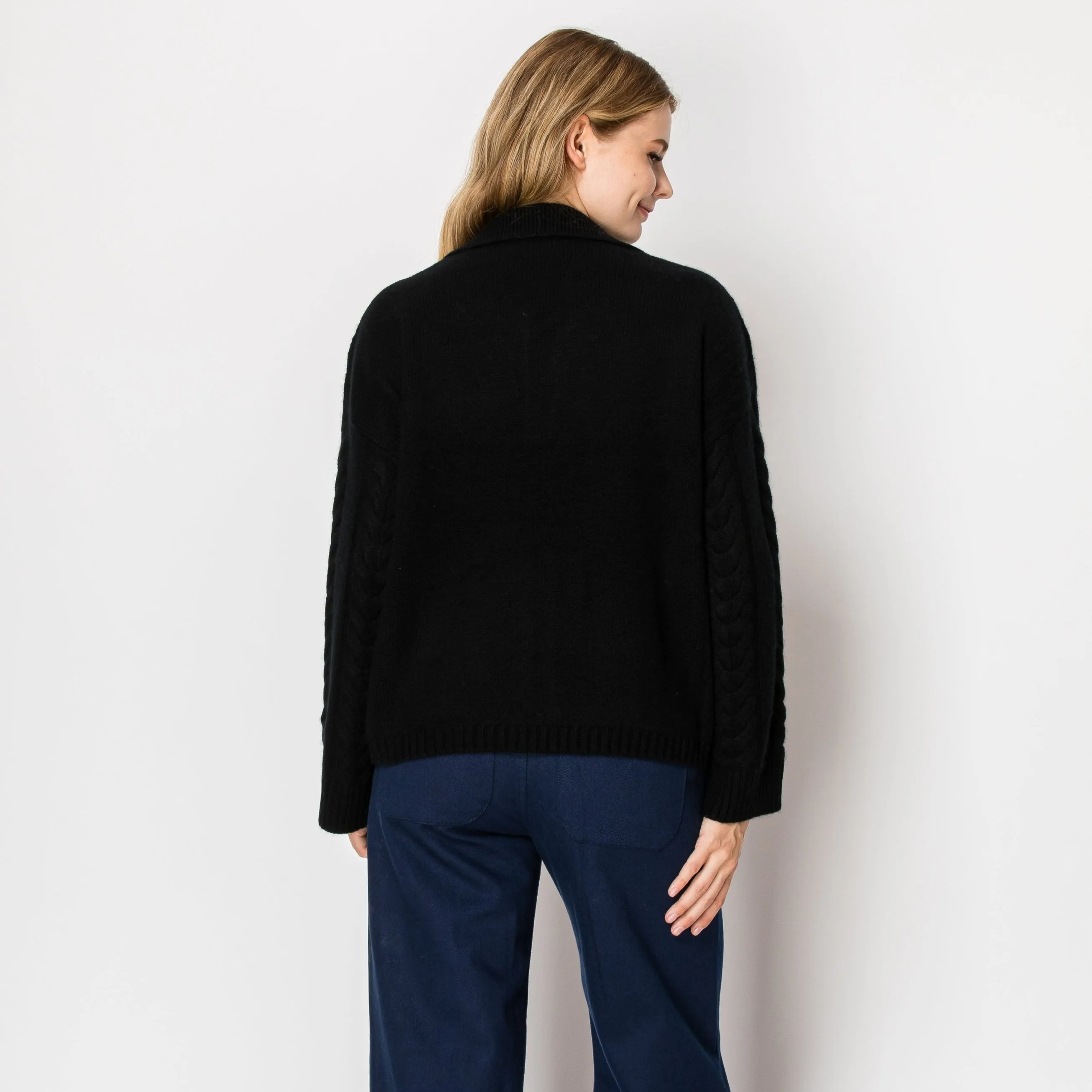 Dean Cashmere Cable Knit Polo Pullover In Black