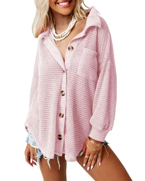 Dokotoo Womens Waffle Knit Shacket Jacket Casual Long Sleeve Button Down Shirts Dressy Blouses Tops Large Pink 1
