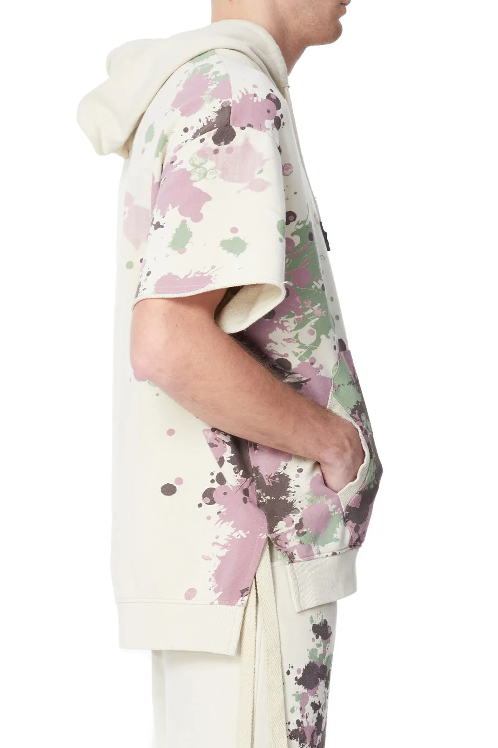 Eleven Paris KNIT SPLATTER SHORT SLEEVE HI/LOW HOODED SWEATSHIR (OATMEAL SPLATTER)