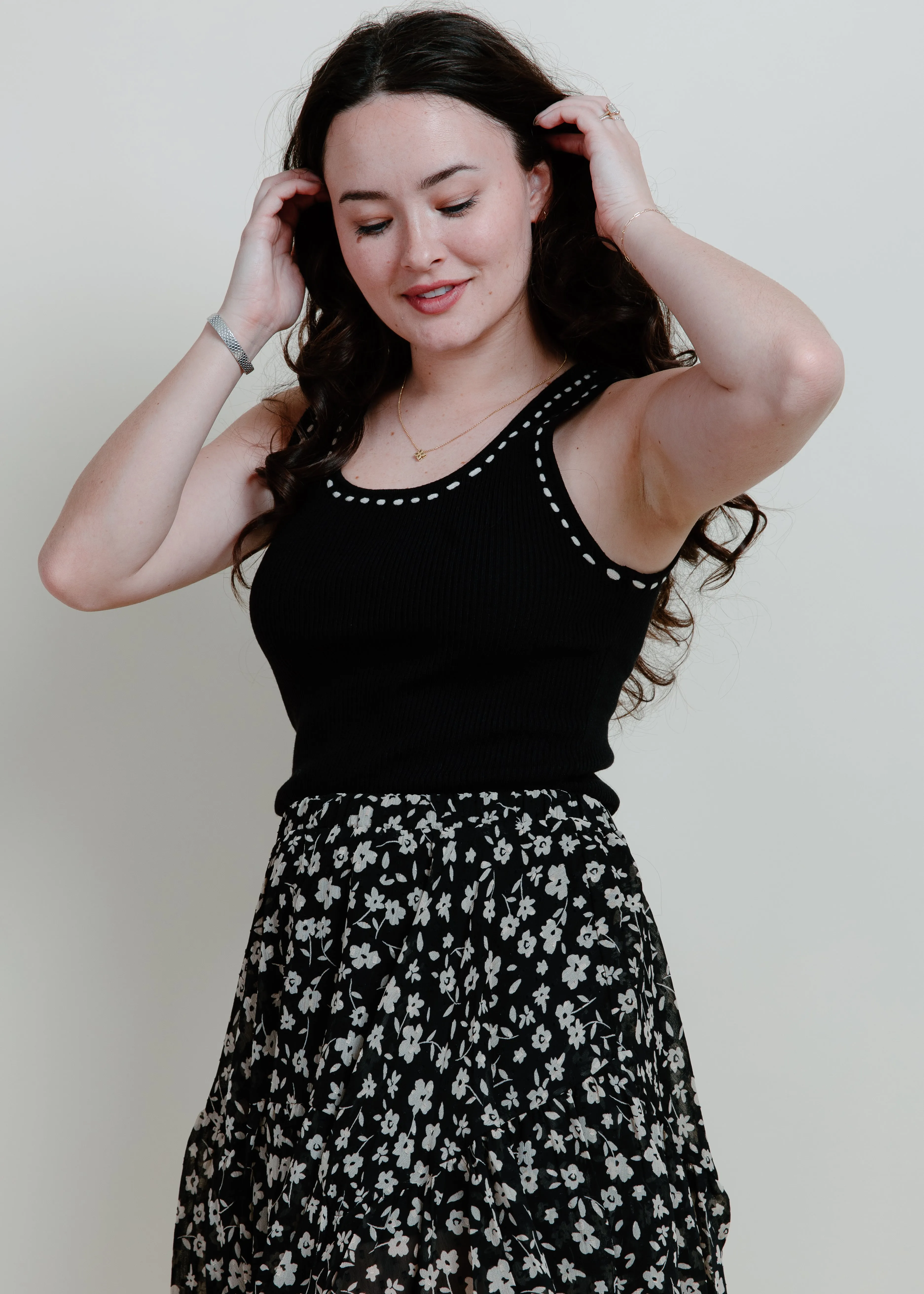 Elowyn Contrast Stitch Tank - Black