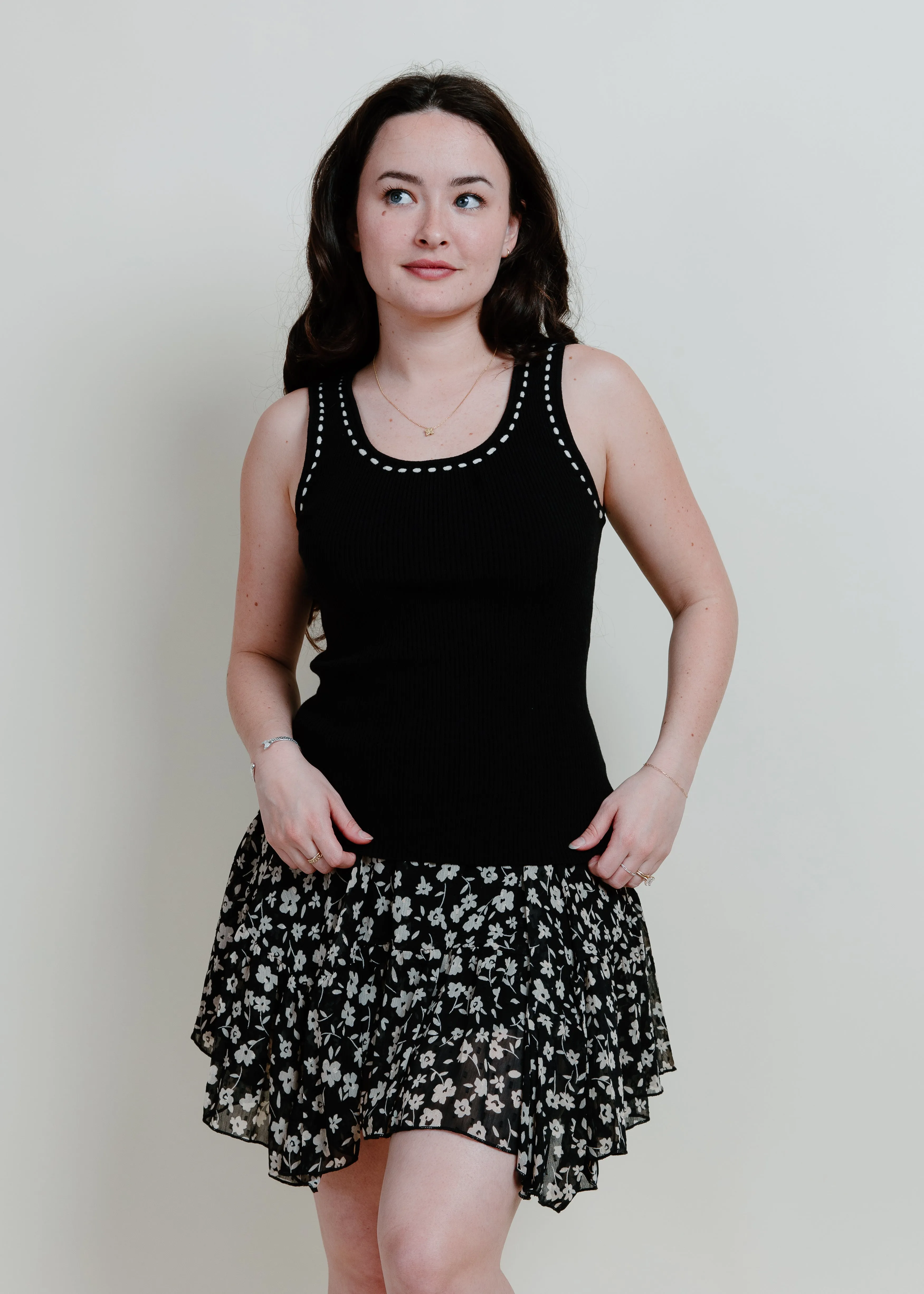 Elowyn Contrast Stitch Tank - Black