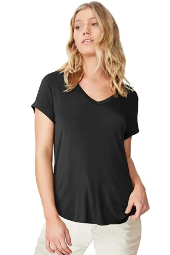 Fabricorn Combo of Plain Black V-Neck and Mustard Yellow Round Neck Up and Down Cotton Tshirt for Women (Black and Mustard Yellow, Small)