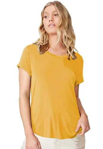 Fabricorn Combo of Plain Black V-Neck and Mustard Yellow Round Neck Up and Down Cotton Tshirt for Women (Black and Mustard Yellow, Small)