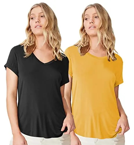 Fabricorn Combo of Plain Black V-Neck and Mustard Yellow Round Neck Up and Down Cotton Tshirt for Women (Black and Mustard Yellow, Small)