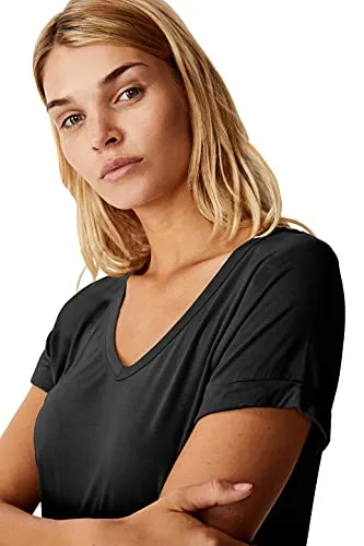 Fabricorn Combo of Plain Black V-Neck and Mustard Yellow Round Neck Up and Down Cotton Tshirt for Women (Black and Mustard Yellow, Small)