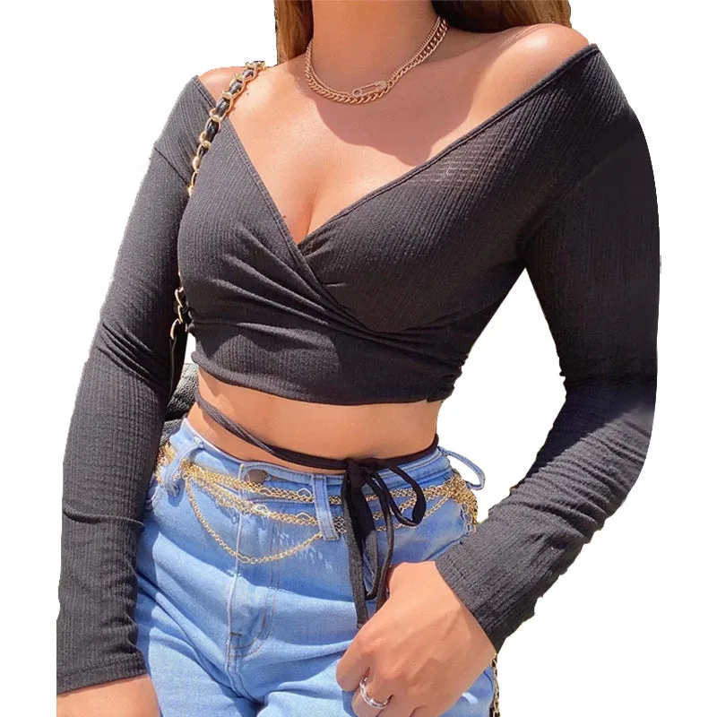 Fashion casual temperament sexy low V-neck strapless top t-shirt