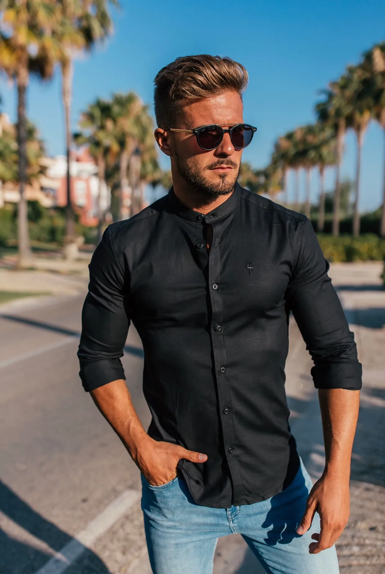 Father Sons Super Slim Oxford Stretch Grandad Collar Classic Black Oxford - FS581