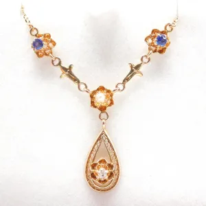 Filigree Victorian Lavalier Necklace in 14K Yellow Gold with Diamond, Sapphires, and Pearl