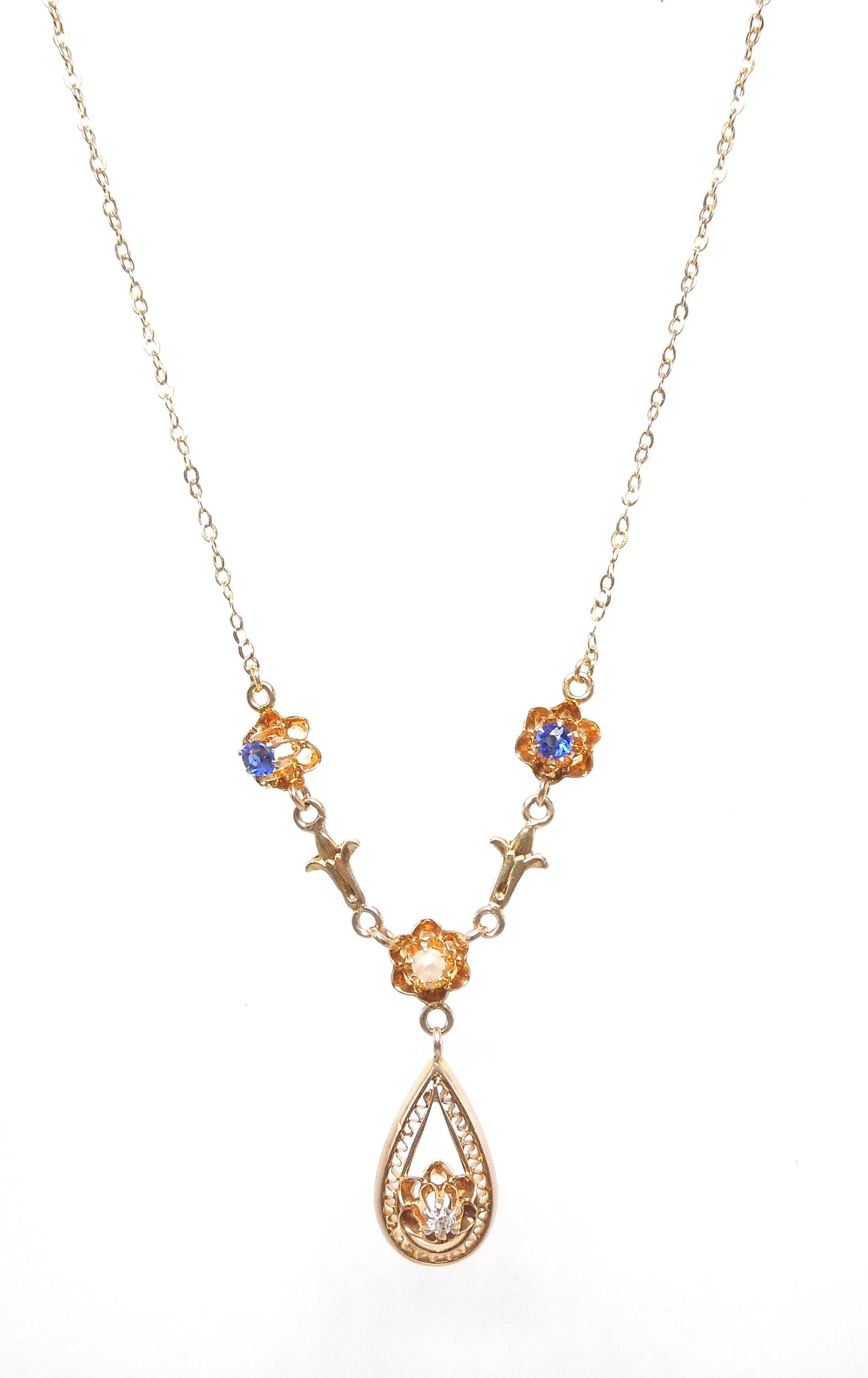 Filigree Victorian Lavalier Necklace in 14K Yellow Gold with Diamond, Sapphires, and Pearl