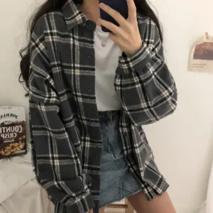 Flectit Flannel Oversized Shirt Long Sleeve Collared Boyfriend Plaid Blouse Fall Winter