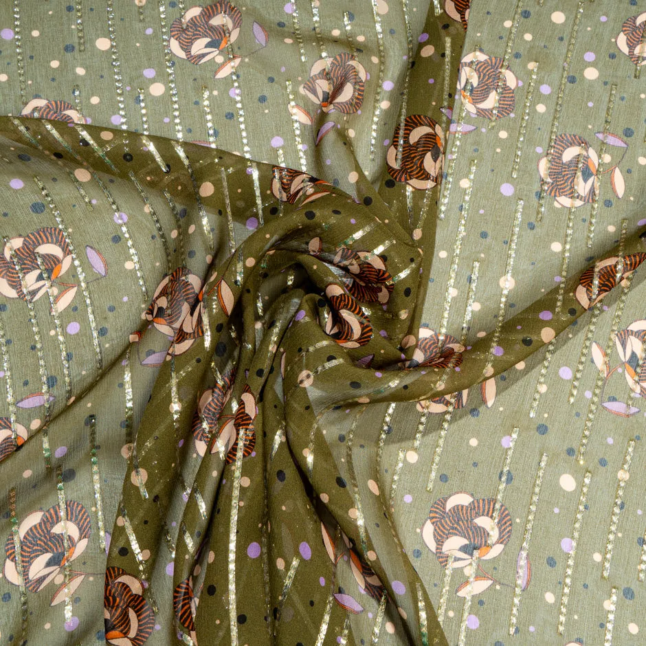Floral Printed Metallic Khaki Green Silk Chiffon