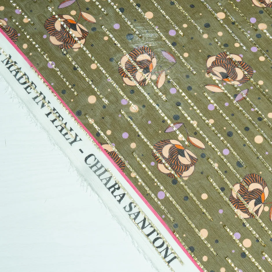 Floral Printed Metallic Khaki Green Silk Chiffon