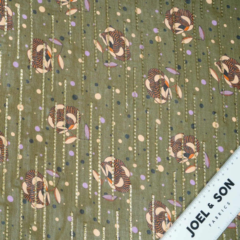 Floral Printed Metallic Khaki Green Silk Chiffon