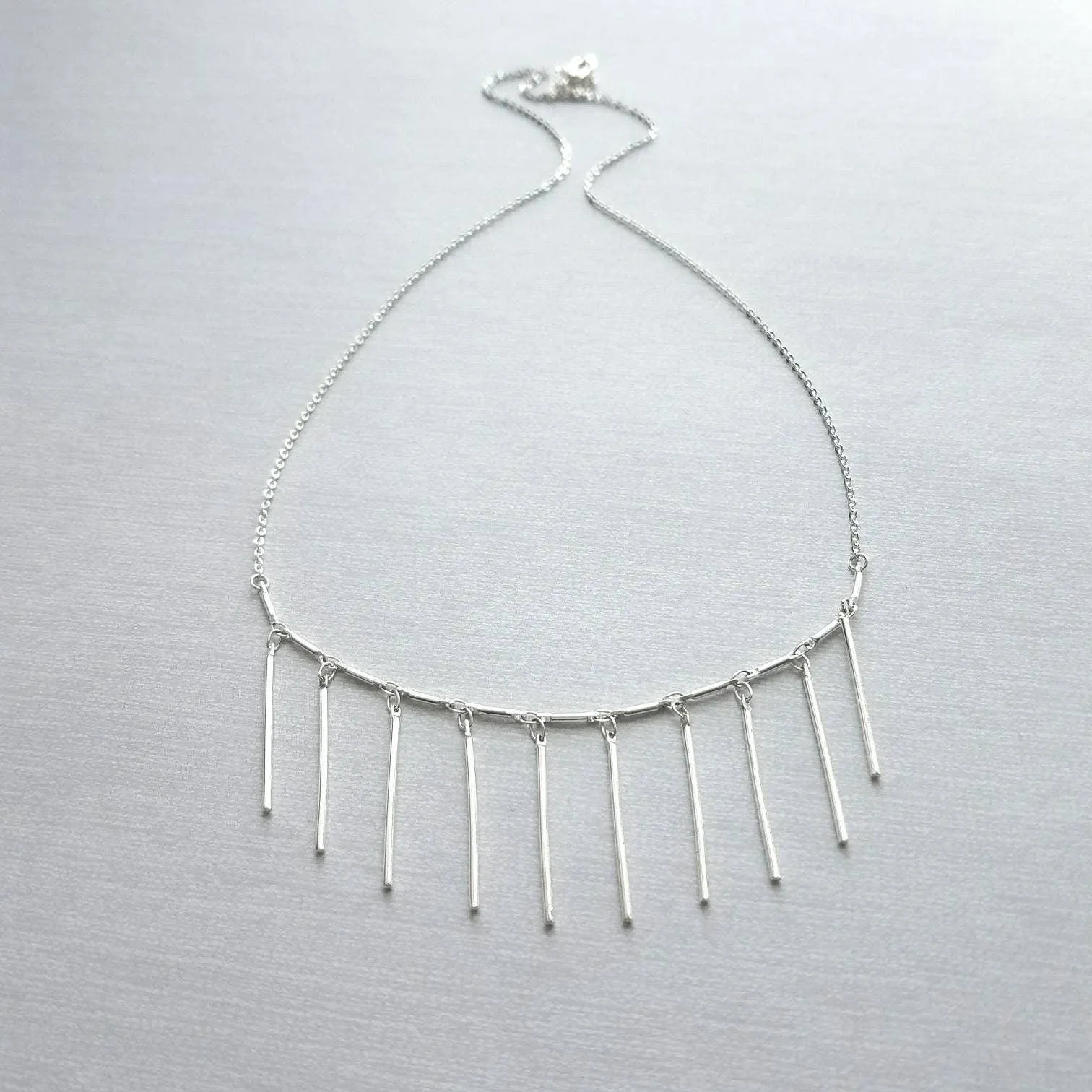 Fringe Necklace, silver tassel necklace, silver stick necklace, dangle stick necklace, silver layering necklace, hanging bar necklace, chain