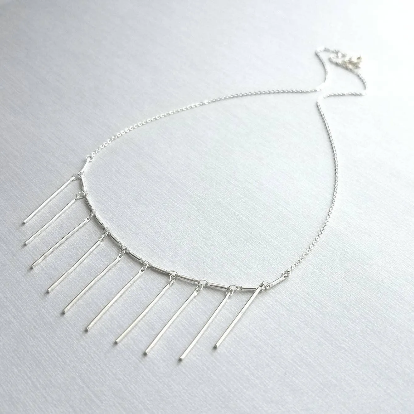Fringe Necklace, silver tassel necklace, silver stick necklace, dangle stick necklace, silver layering necklace, hanging bar necklace, chain