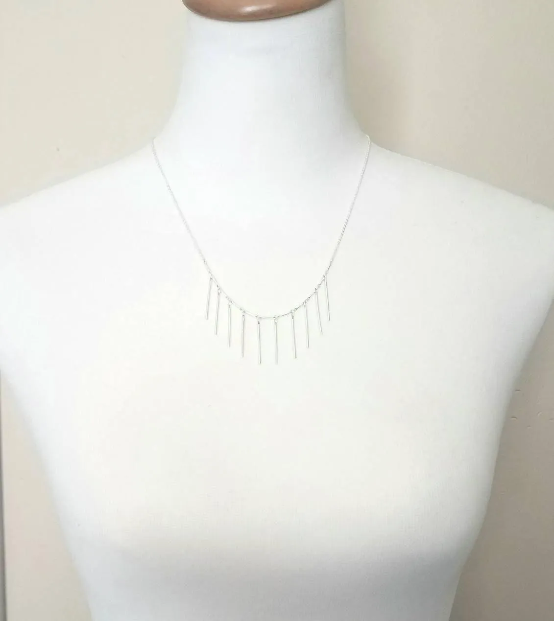 Fringe Necklace, silver tassel necklace, silver stick necklace, dangle stick necklace, silver layering necklace, hanging bar necklace, chain