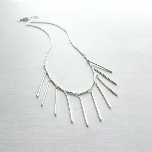 Fringe Necklace, silver tassel necklace, silver stick necklace, dangle stick necklace, silver layering necklace, hanging bar necklace, chain