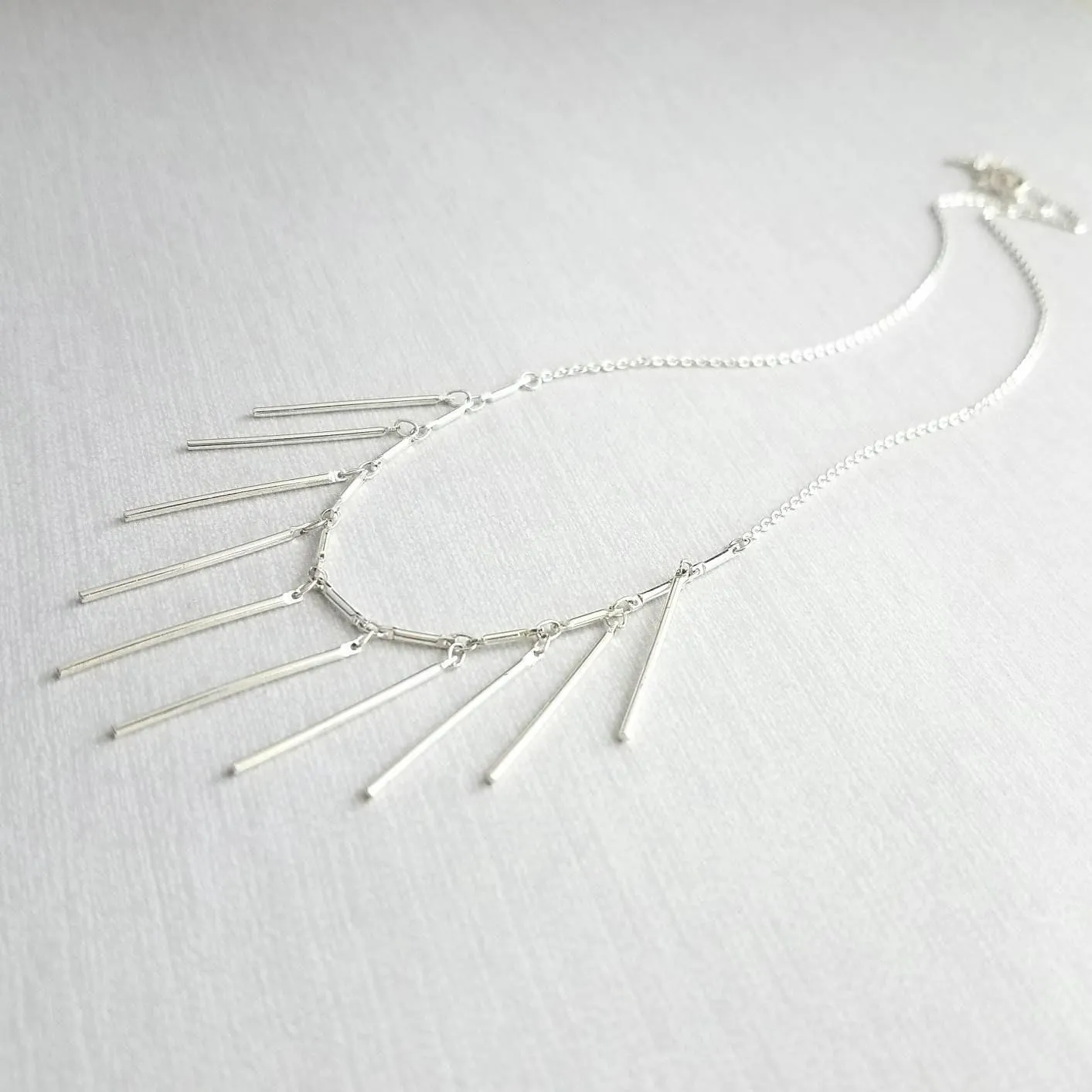 Fringe Necklace, silver tassel necklace, silver stick necklace, dangle stick necklace, silver layering necklace, hanging bar necklace, chain