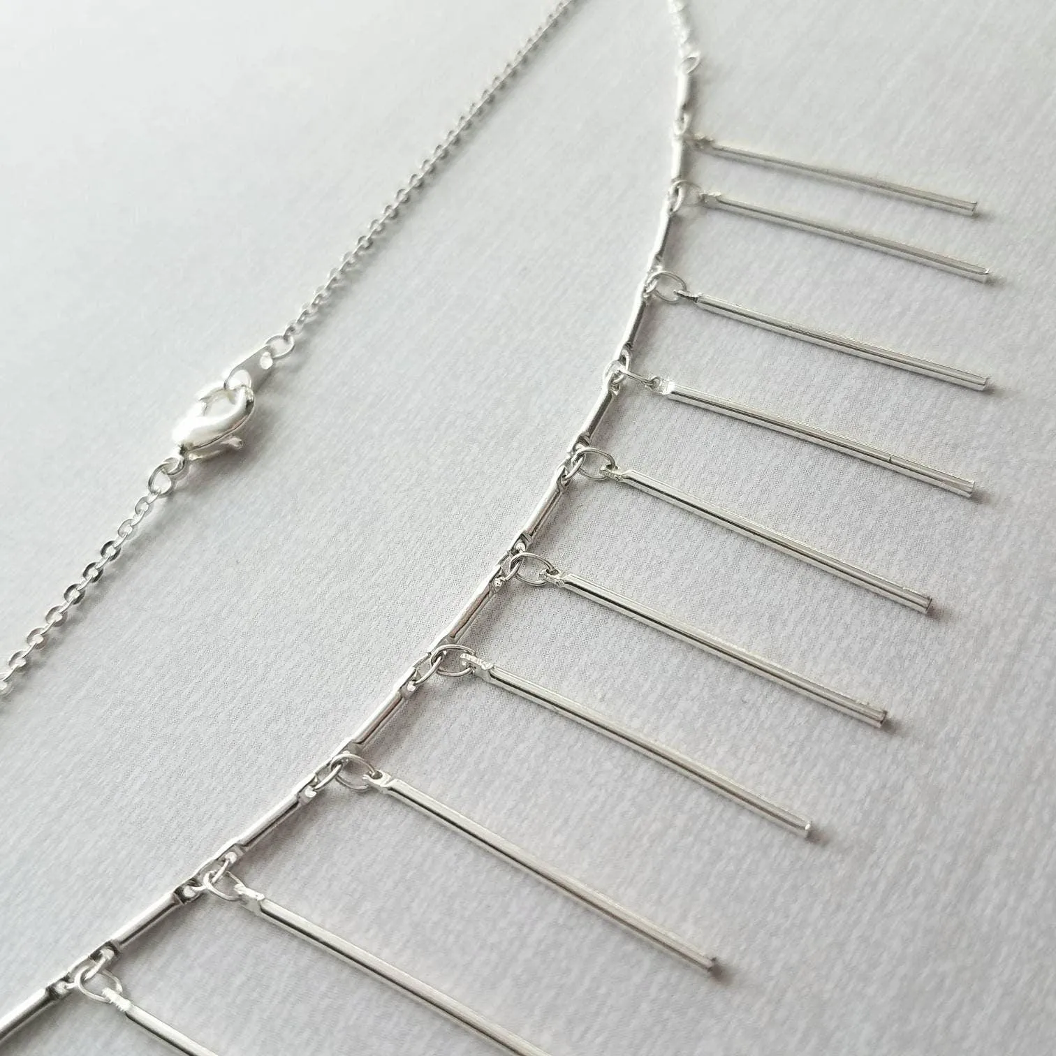 Fringe Necklace, silver tassel necklace, silver stick necklace, dangle stick necklace, silver layering necklace, hanging bar necklace, chain