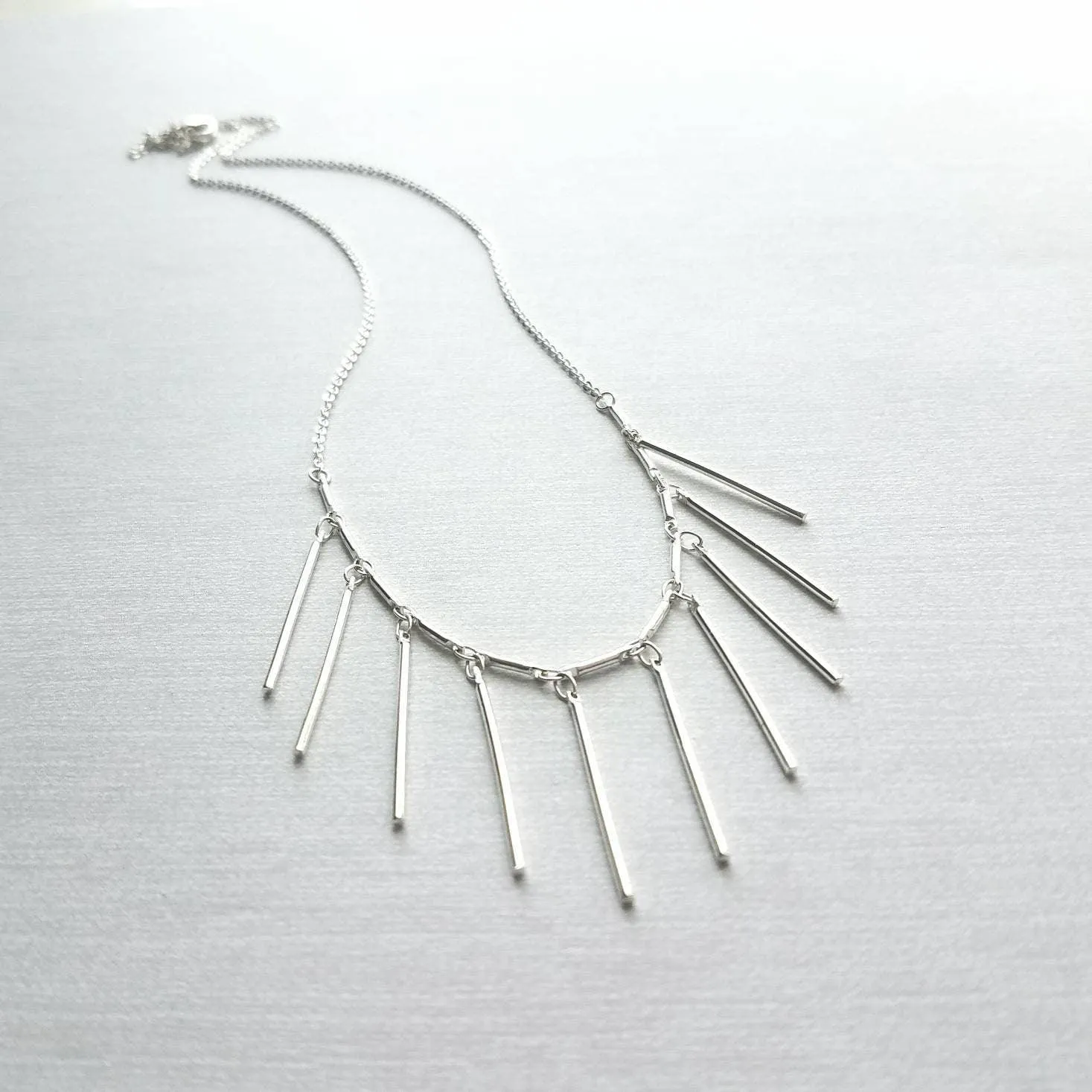 Fringe Necklace, silver tassel necklace, silver stick necklace, dangle stick necklace, silver layering necklace, hanging bar necklace, chain